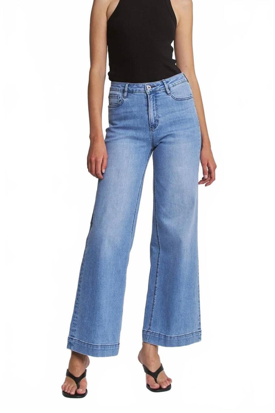 NEW MICA DENIM high rise wide leg trouser hem jeans in blue